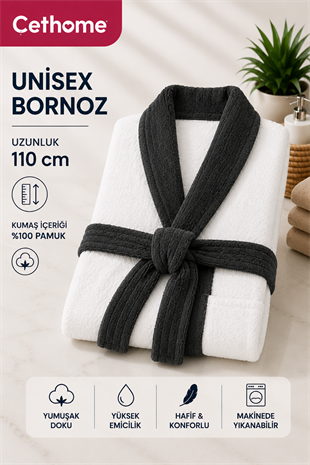 ÇetHome Beyaz Renk Antrasit Kemerli Unisex %100 Pamuklu Bornoz