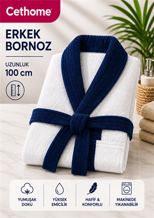 ÇetHome Beyaz Renk Lacivert Kemerli Erkek %100 Pamuklu Bornoz