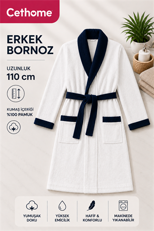 ÇetHome Beyaz Renk Lacivert Kemerli Erkek %100 Pamuklu Bornoz