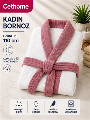 ÇetHome Beyaz Renk Pembe Kemerli Kadın %100 Pamuklu Bornoz