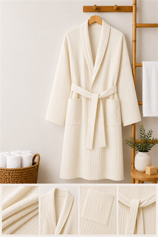 ÇetHome Ekru Renk Unisex Kemerli %100 Pamuklu Müslin Kumaş Bornoz