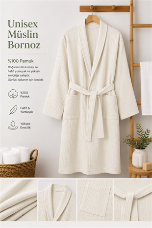 ÇetHome Ekru Renk Unisex Kemerli %100 Pamuklu Müslin Kumaş Bornoz