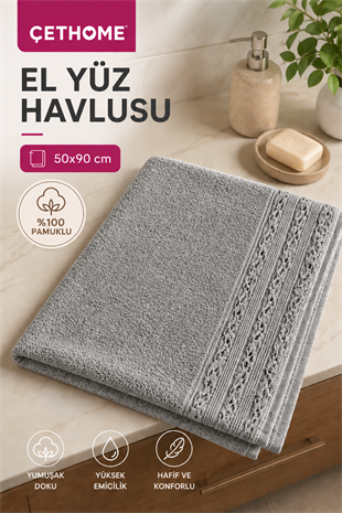 ÇetHome Koyu Gri Renk Motifli El Yüz Havlusu