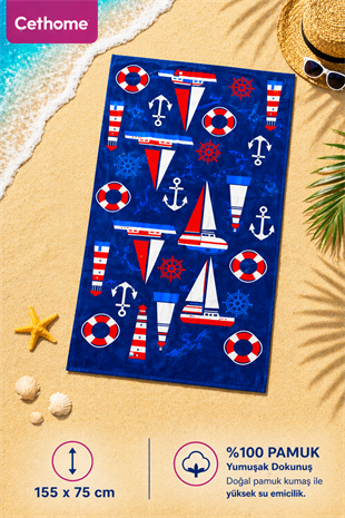 ÇetHome Mavi Desenli Banyo Plaj Havlusu