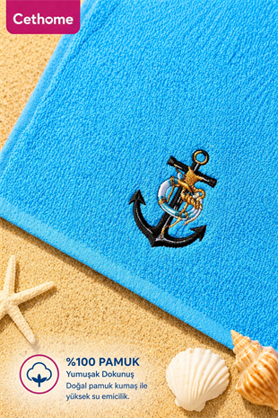 ÇetHome Mavi Nakışlı 140*70 cm Banyo Plaj Havlusu