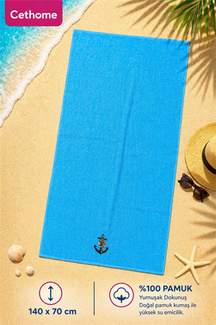ÇetHome Mavi Nakışlı 140*70 cm Banyo Plaj Havlusu