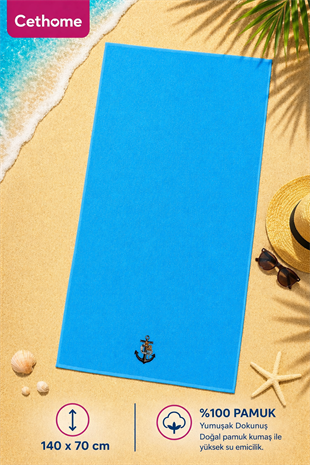 ÇetHome Mavi Nakışlı 140*70 cm Banyo Plaj Havlusu