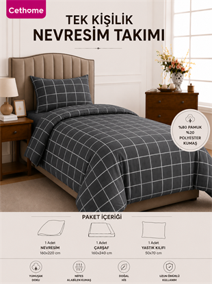ÇetHome Pamuklu Antrasit Ekoseli Tek Kişilik Nevresim Takımı