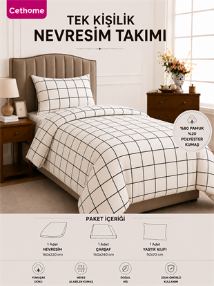 ÇetHome Pamuklu Beyaz Ekose Desenli Tek Kişilik Nevresim Takımı