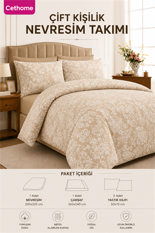 ÇetHome Pamuklu Beyaz Motif Desenli Çift Kişilik Nevresim Takımı