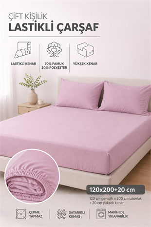 ÇetHome Pamuklu Gül Kurusu Lastikli Çift Kişilik Çarşaf 160*200 cm