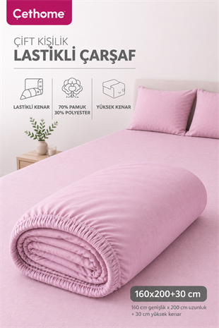 ÇetHome Pamuklu Gül Kurusu Lastikli Çift Kişilik Çarşaf 160*200 cm