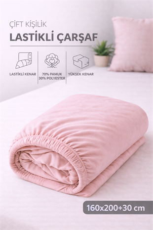 ÇetHome Pamuklu Gül Kurusu Lastikli Çift Kişilik Çarşaf 160*200 cm