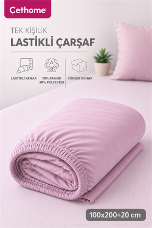 ÇetHome Pamuklu Gül Kurusu Lastikli Tek Kişilik Çarşaf 120*200 cm