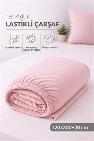 ÇetHome Pamuklu Gül Kurusu Lastikli Tek Kişilik Çarşaf 120*200 cm