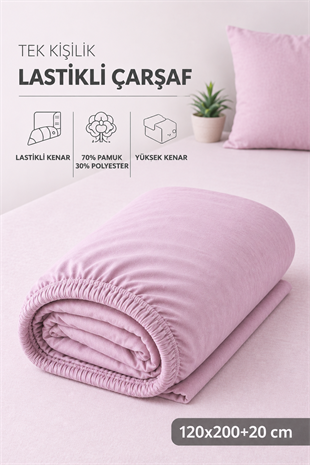 ÇetHome Pamuklu Gül Kurusu Lastikli Tek Kişilik Çarşaf 120*200 cm