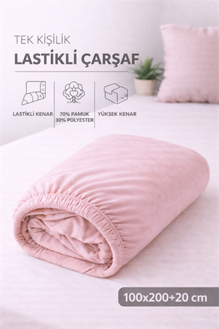 ÇetHome Pamuklu Gül Kurusu Lastikli Tek Kişilik Çarşaf 100*200 cm