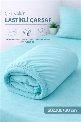 ÇetHome Pamuklu Mavi Lastikli Çift Kişilik Çarşaf 160*200 cm