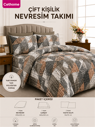 ÇetHome Pamuklu Üçgen Desenli Çift Kişilik Nevresim Takımı