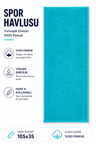ÇetHome Turkuaz %100 Pamuk Spor Havlusu 