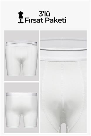 Erdem Beyaz 3lü  Pamuk Elastan Uzun Boxer 1470
