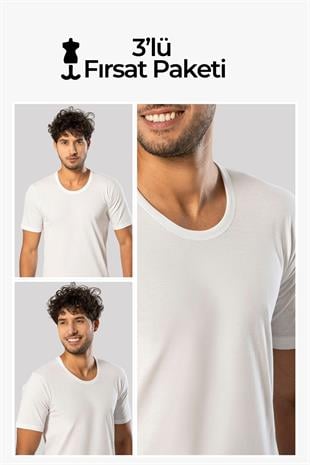 Erdem Beyaz 3lü  Penye O Yaka Tişört 11503