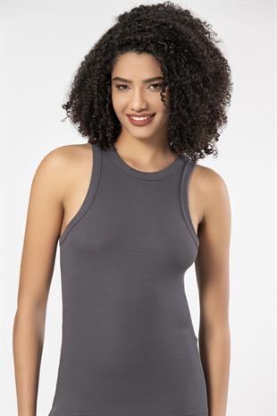 Weweus Antrasit  Viskon Kaşkorse Halter Yaka Yumuşak Dokulu Atlet Body Tişört  2107