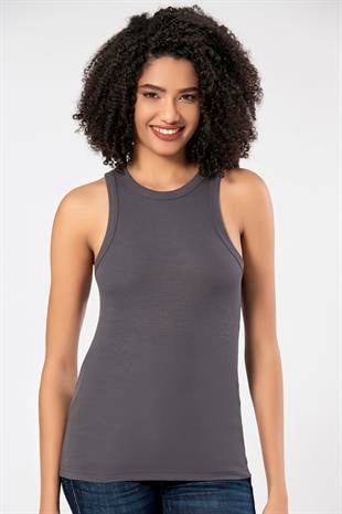 Weweus Antrasit  Viskon Kaşkorse Halter Yaka Yumuşak Dokulu Atlet Body Tişört  2107