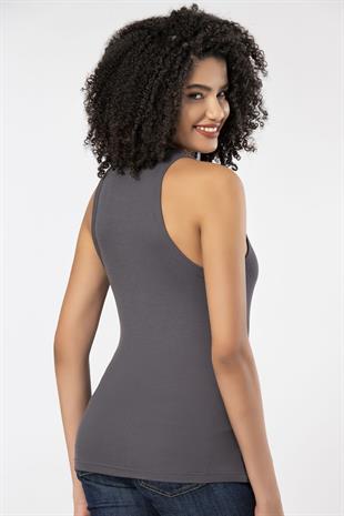 Weweus Antrasit  Viskon Kaşkorse Halter Yaka Yumuşak Dokulu Atlet Body Tişört  2107