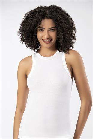 Weweus Beyaz  Viskon Kaşkorse Halter Yaka Yumuşak Dokulu Atlet Body Tişört  2107