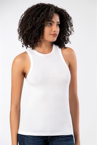 Weweus Beyaz  Viskon Kaşkorse Halter Yaka Yumuşak Dokulu Atlet Body Tişört  2107