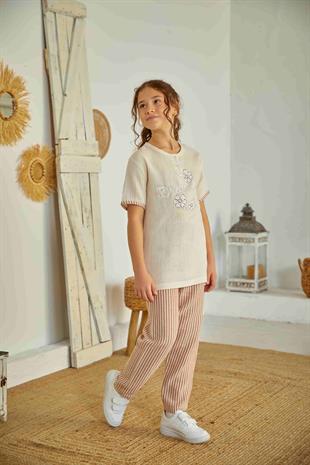Weweus Ekru Kız Çocuk Düğmeli Pijama Takımı 804