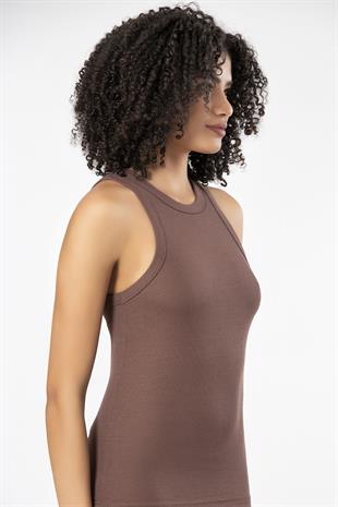 Weweus Kahve  Viskon Kaşkorse Halter Yaka Yumuşak Dokulu Atlet Body Tişört  2107