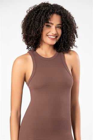Weweus Kahve  Viskon Kaşkorse Halter Yaka Yumuşak Dokulu Atlet Body Tişört  2107