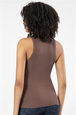 Weweus Kahve  Viskon Kaşkorse Halter Yaka Yumuşak Dokulu Atlet Body Tişört  2107