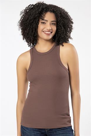 Weweus Kahve  Viskon Kaşkorse Halter Yaka Yumuşak Dokulu Atlet Body Tişört  2107