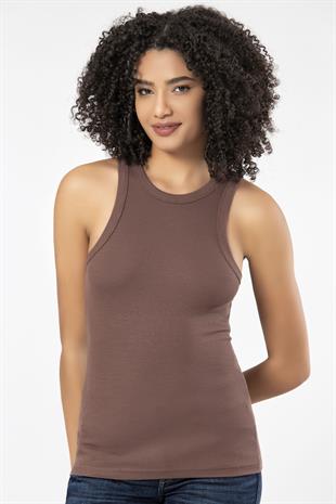 Weweus Kahve  Viskon Kaşkorse Halter Yaka Yumuşak Dokulu Atlet Body Tişört  2107