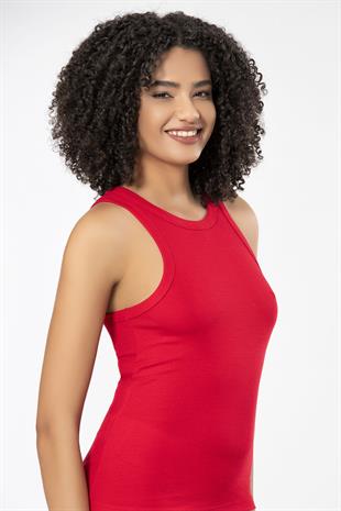 Weweus Kırmızı  Viskon Kaşkorse Halter Yaka Yumuşak Dokulu Atlet Body Tişört  2107