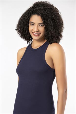 Weweus Lacivert  Viskon Kaşkorse Halter Yaka Yumuşak Dokulu Atlet Body Tişört  2107