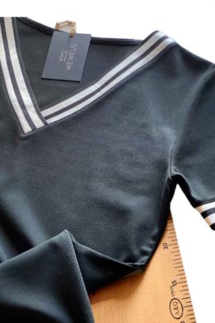 Weweus Siyah Kadın Şeritli Yarım Kol Elbise 245