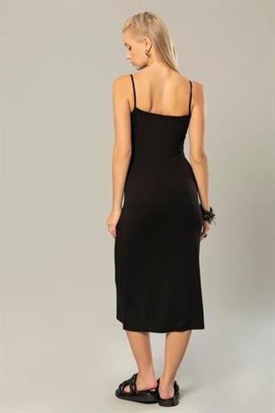 Weweus Siyah Kadın Viskon İp Askılı Uzun Elbise 231