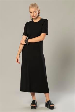 Weweus Siyah Kadın Viskon Kısa Kol Uzun Elbise 230