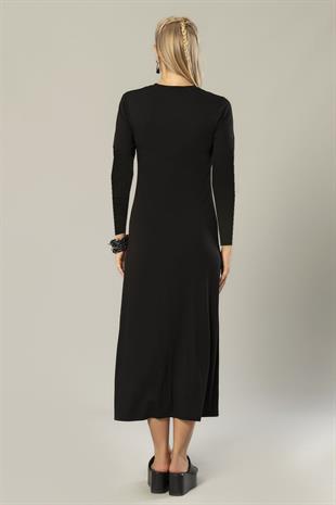 Weweus Siyah Kadın Viskon Uzun Kol Uzun Elbise 244