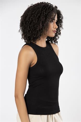 Weweus Siyah  Viskon Kaşkorse Halter Yaka Yumuşak Dokulu Atlet Body Tişört  2107