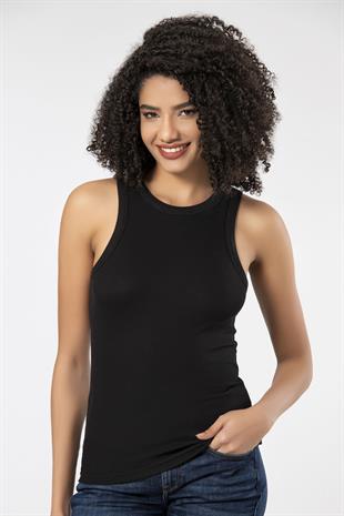 Weweus Siyah  Viskon Kaşkorse Halter Yaka Yumuşak Dokulu Atlet Body Tişört  2107