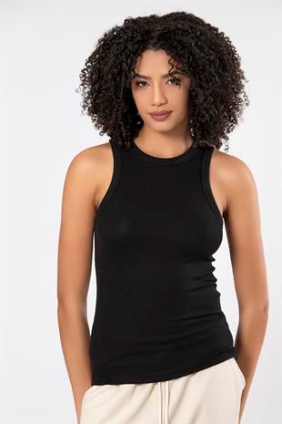 Weweus Siyah  Viskon Kaşkorse Halter Yaka Yumuşak Dokulu Atlet Body Tişört  2107