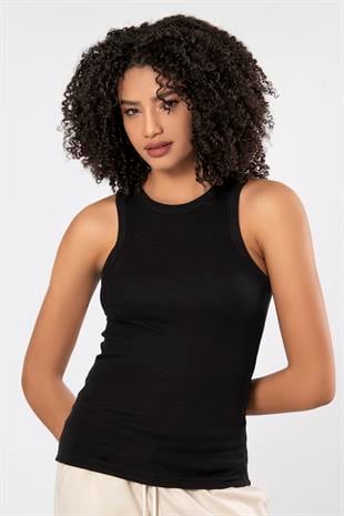Weweus Siyah  Viskon Kaşkorse Halter Yaka Yumuşak Dokulu Atlet Body Tişört  2107