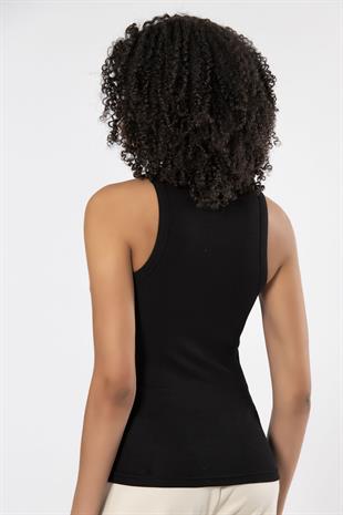 Weweus Siyah  Viskon Kaşkorse Halter Yaka Yumuşak Dokulu Atlet Body Tişört  2107