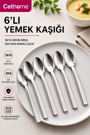 Gümüş Renk 6lı 18/10 Paslanmaz Çelik Yemek Kaşığı