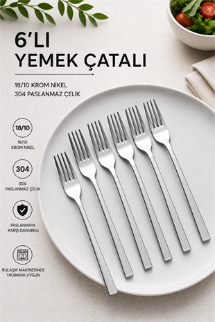 Gümüş Renk 6lı 18/10 Paslanmaz Çelik Yemek Çatalı